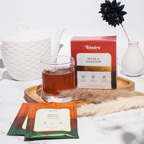 A tasty cup of Magic Melon Green Tea Kit for easy digestion and relaxing detox 