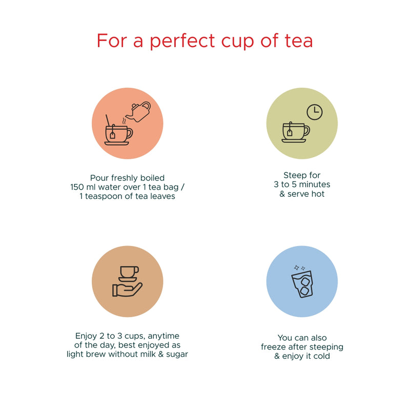Herbal tea collections :150mL hot water, 2-3 min steep, serve hot/cold. natural, re-steepable.