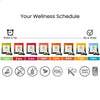 8 Wonders of Wellness Teas box set showcasing different tea flavors with natural ingredients and the wellness schedule.